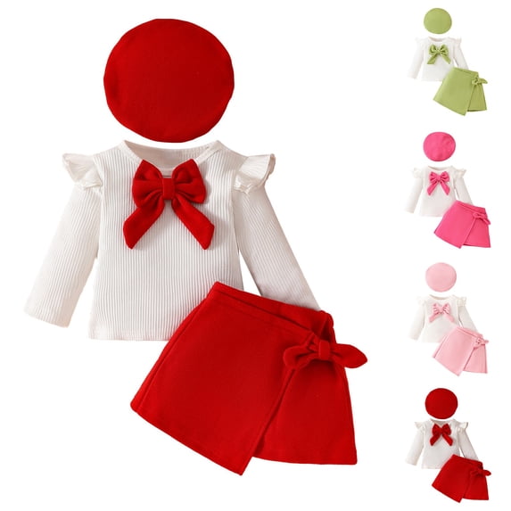 Rvasteizo Toddler Girl Outfits Knit Top Bow Beret Fleece Skirt 3-16 Years Girls Set