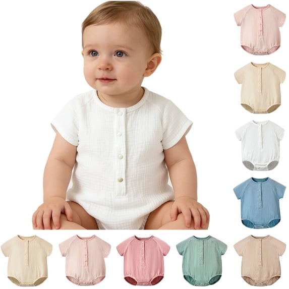 Rvasteizo Girls Romper Solid Short Sleeve Double Gauze Cotton for Infant 3 Months-2 Years Summer Daily Outfit