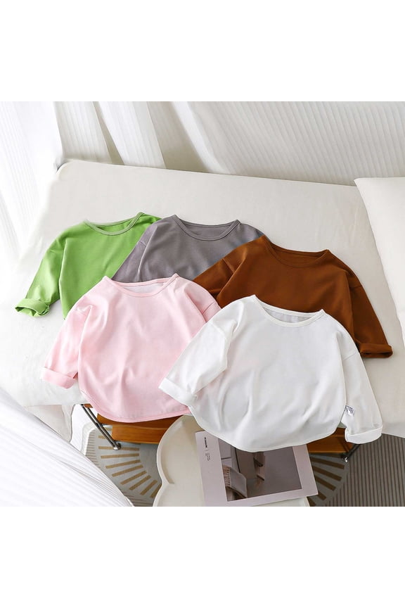 Kids Long Sleeve Shirt Solid Crew Neck Long Sleeve Cotton Thin Loose Knit Layering Tee for Boys Girls All Season Basic Wear