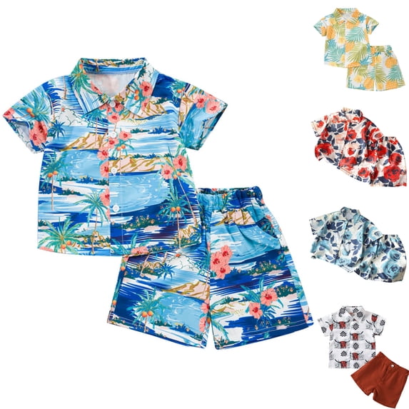 Rvasteizo Toddler Summer Outfits Print Thin Lapel Button Short Sleeve Shirt and Pants set for Boys 1-8 Years