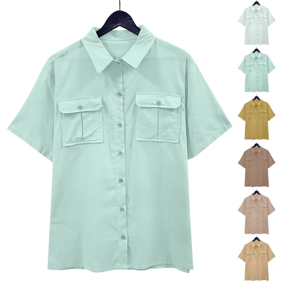 Rvasteizo Blouses for Women Unisex Summer Turn Down Collar Button Pocket Short Sleeve Shirt Light Ladies Daily Casual Top