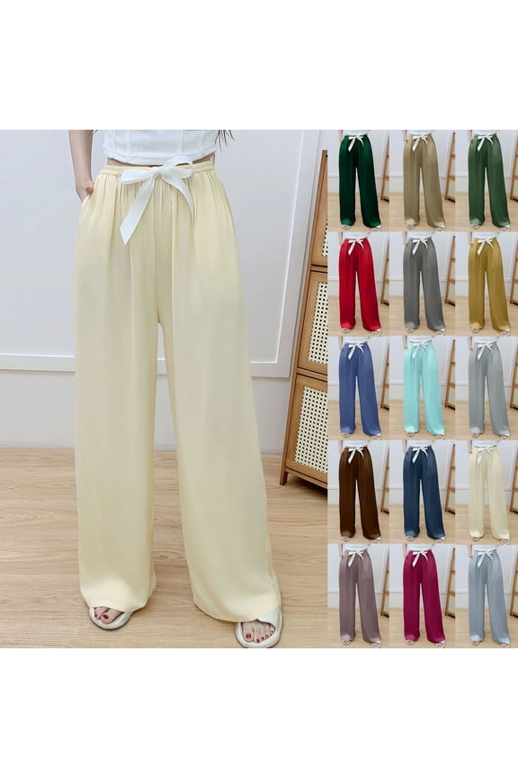Wide Leg Pants for Women Cotton Poplin Multi Pocket Elastic Waist Casual Pants