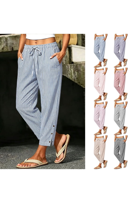 Wide Leg Pants for Women Pinstripe Drawstring Snap Button Multi Pocket Summer Pants