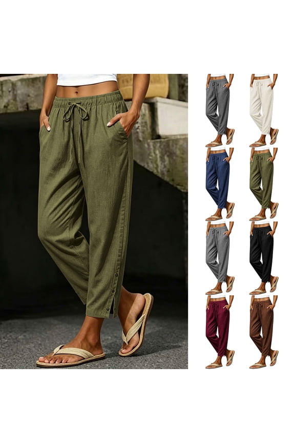 Wide Leg Pants for Women Summer Drawstring Elastic Waist Snap Button Multi Pocket Pants