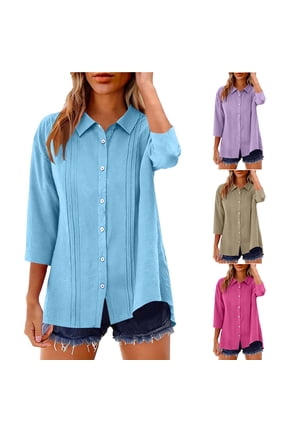 Women 3/4 Sleeve Blouses Solid V Neck Collared Button Front Linen Like Texture Casual Loose Summer Ladies Tops