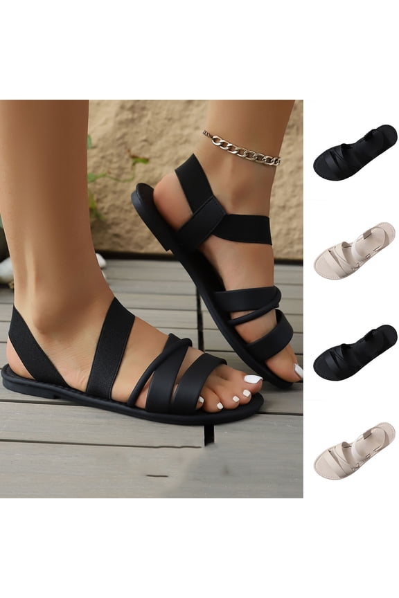 Women Bohemian Shoes Solid Roman Wrap Strap Flat Beach Layout for Summer Outer Wear Leisure Time