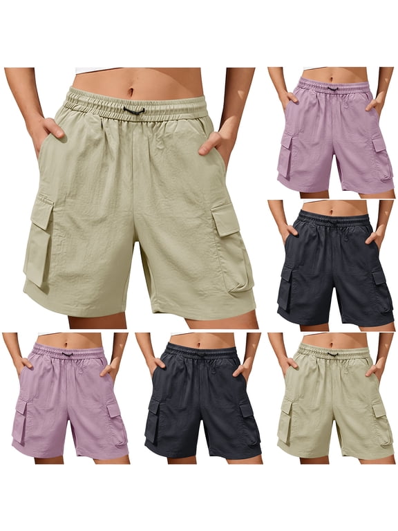 Cargo Shorts Women Solid Elastic Waist Multi Pocket Loose Half Shorts Summer Casual Pants