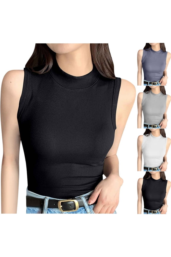 Women Crew Neck Sleeveless Ribbed Camisole Wide Side Cutting for Daily Inner Outer Wearing