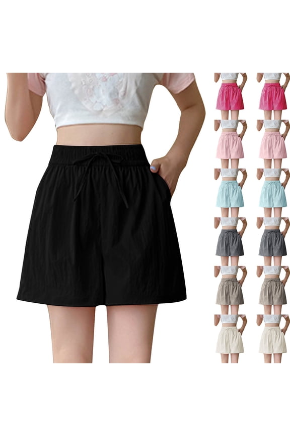 Women Ice Silk Half Pants Breathable Wide Leg Elastic Drawstring Waist with Pockets