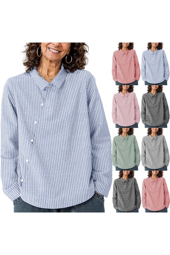 Shirts for Women Fashion Casual Loose Linen Stripe Turn Down Collar Side Drawstring Long Sleeve Light Summer Ladies Daily Loose Relaxed Pullover Blouse Top