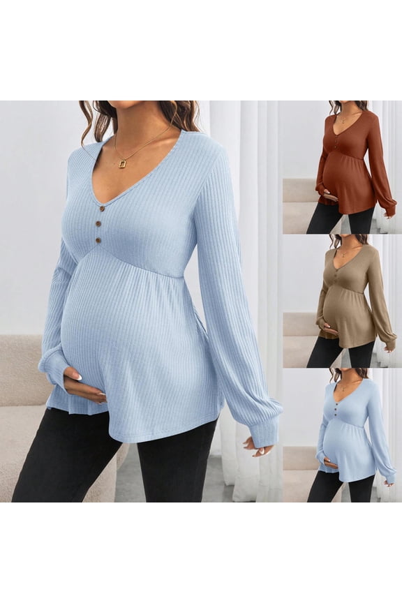Women Maternity Solid Ribbed V Neck Long Sleeve Top Button Curved Hem Slim Stretch Wear