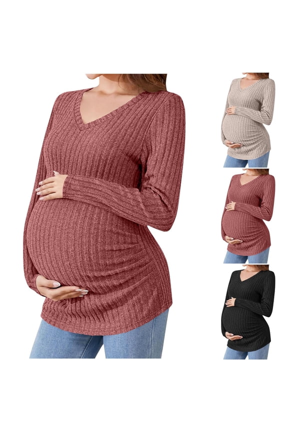 Women Maternity Solid Ribbed V Neck Long Sleeve Top Curved Hem Slim Stretch Casual Wear