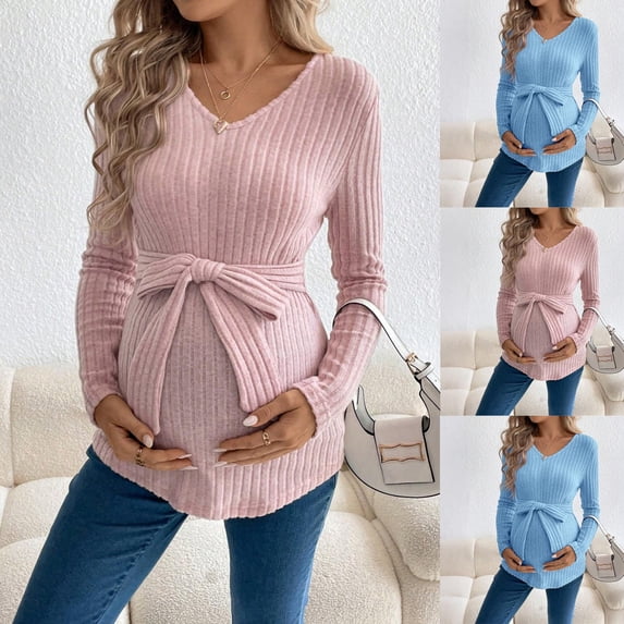 Rvasteizo Women Maternity Solid Ribbed V Neck Long Sleeve Top Curved Hem Slim Stretch Casual Wear