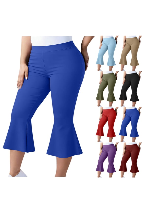 Yoga Pants Solid Plus Size Elastic Waist Flared 7/8th Base Training Pants
