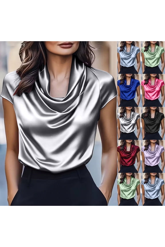 T Shirts for Women Solid Satin Cowl Neck Short Sleeve Light Summer Ladies Daily Loose Relaxed Casual Pullover Blouse Top