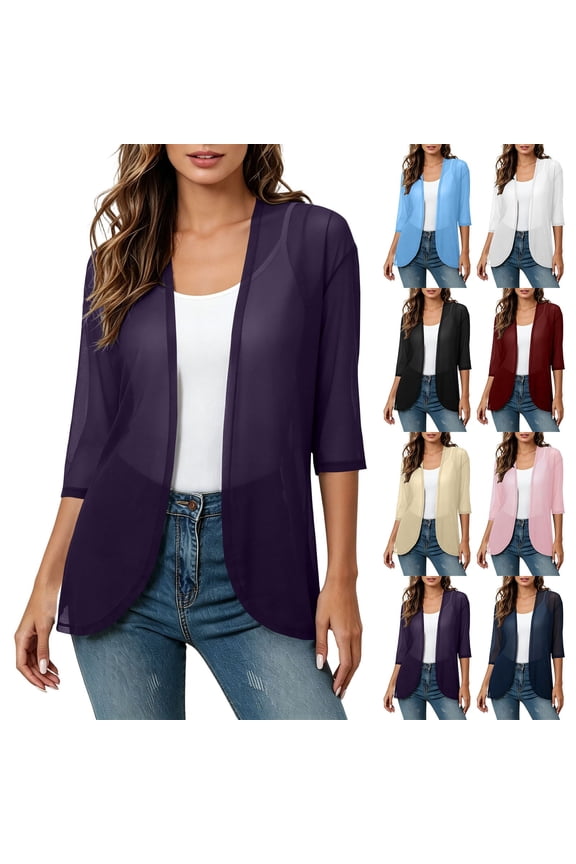 Women Solid 3/4 Sleeve Thin Duster Coat in Airy Fabric for All Season Daily Casual Outer Wear