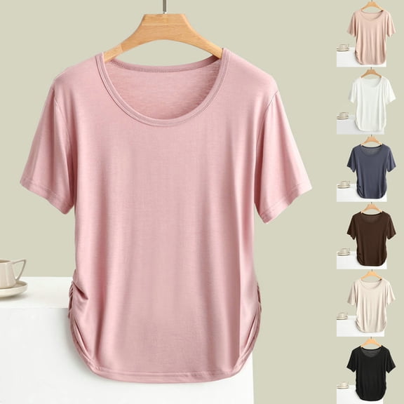 Rvasteizo Women Solid Crew Neck Ruched Short Sleeve Tops Casual Fashion Tee