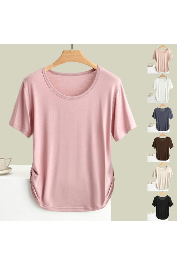 Women Solid Crew Neck Ruched Short Sleeve Tops Casual Fashion Tee