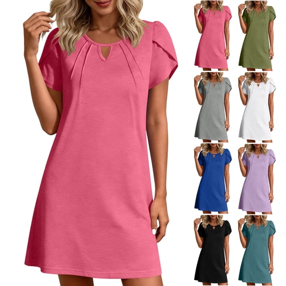 Rvasteizo Women Solid Crew Neck Short Sleeve Ruched Above Knee Beach Vacation Dress
