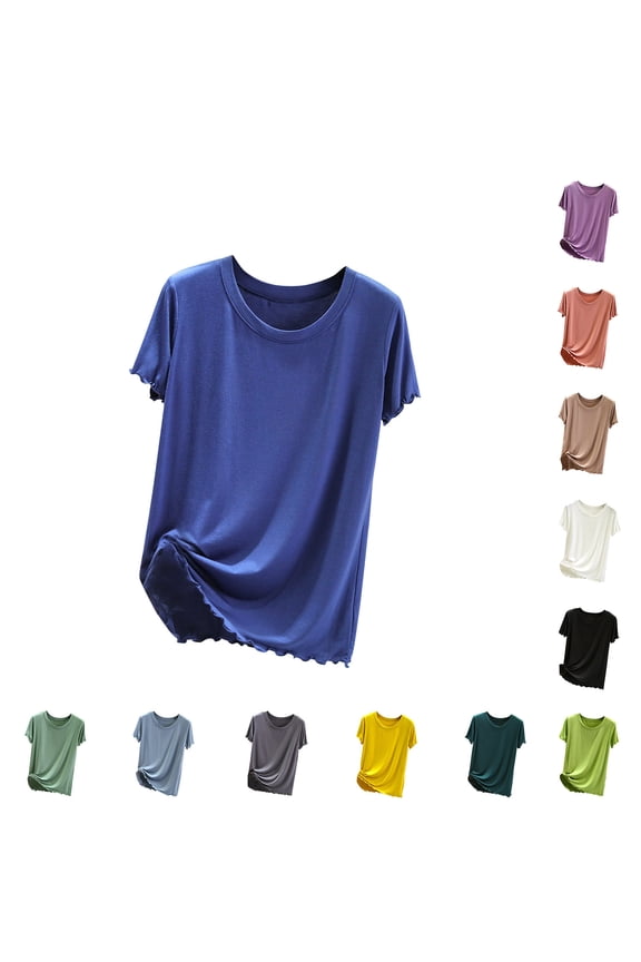 Women Solid Crew Neck Short Sleeve Tops Ruffle Casual Basic Tee