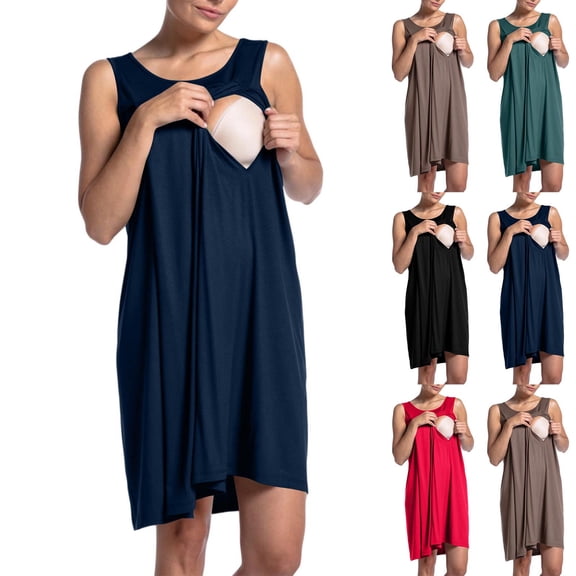 Rvasteizo Women Solid Crew Neck Sleeveless Knee Length Maternity Dress Labor Gown Short Nursing Dress