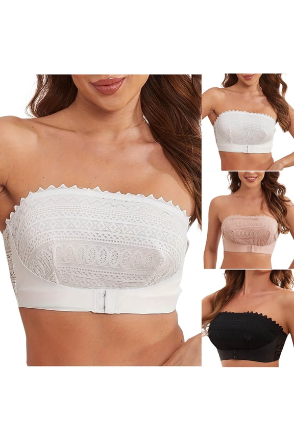 Women Solid Lace Strapless Front Closure Non Slide Push Up Racerback Cozy Everyday Bra