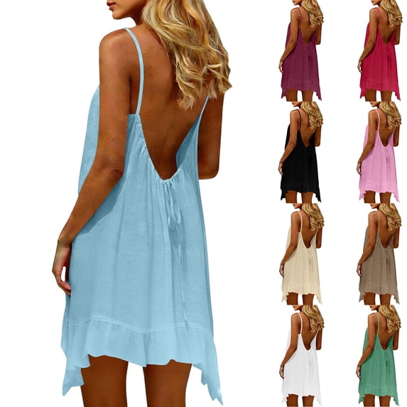Rvasteizo Women Solid Linen Backless Cami Dress Ruffle Hem Sleeveless Dress