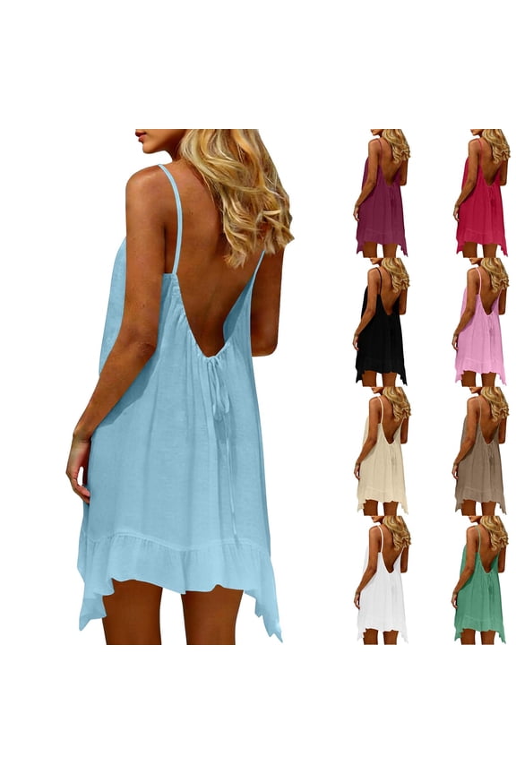Women Solid Linen Backless Cami Dress Ruffle Hem Sleeveless Dress