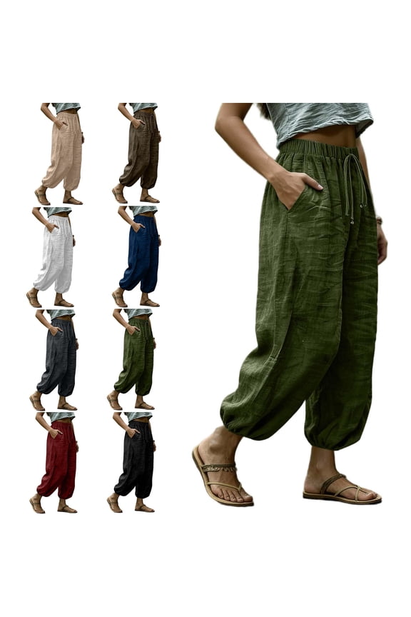 Women Solid Linen Look Long Length Pants Drawstring Waist with Pockets