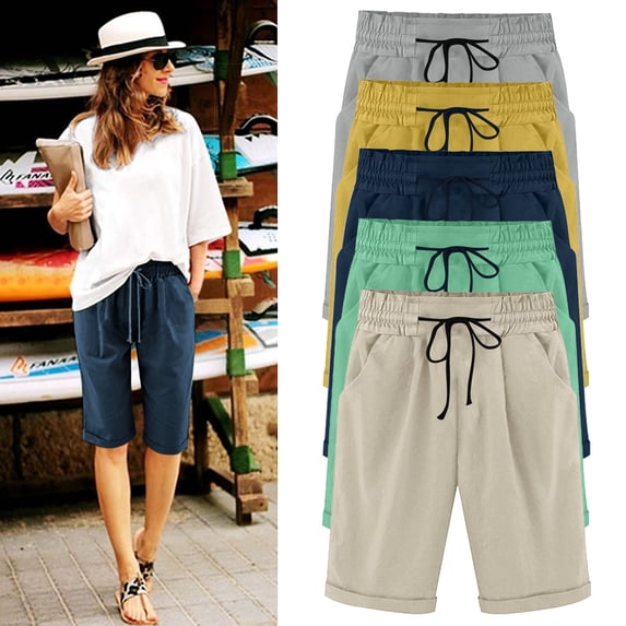 Rvasteizo Women Solid Linen Mix Half Pants Drawstring Elastic Waist with Side Pockets