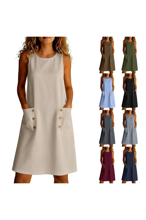 Women Solid Maxi Dress Crew Neck Sleeveless Button Front Linen Textured Summer Casual Wear