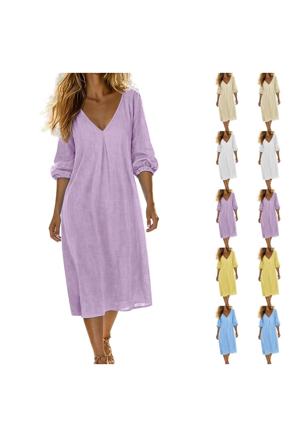 Women Solid Midi Dress Crew Neck 3/4 Sleeve Button Front With Pocket Linen Textured Summer Wear