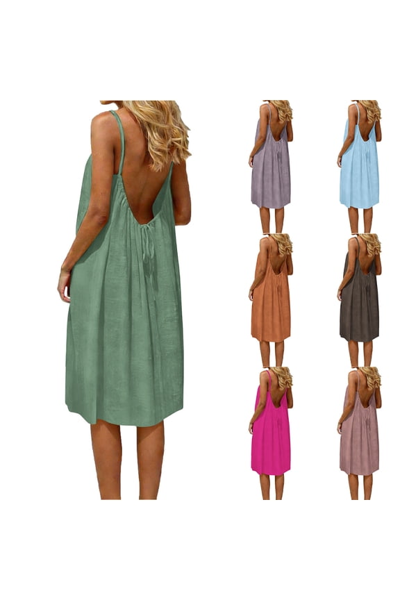 Women Solid Midi Dress V Neck Sleeveless Open Back Loose Loungewear Summer Casual Wear