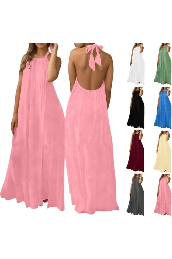 Women Solid Midi Dress V Neck Sleeveless Open Back Spaghetti Strap Summer Casual Vacation Wear