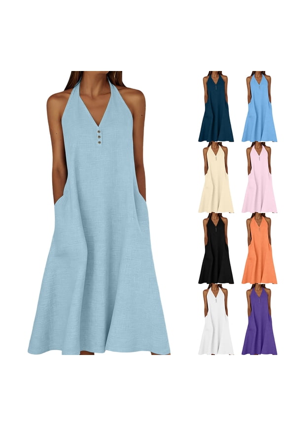 Women Solid Midi Dress V Neck Sleeveless Open Back Spaghetti Strap Summer Vacation Wear
