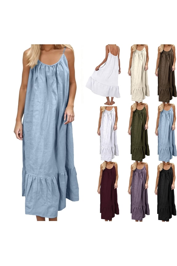 Sundress Solid Sling Ruched Mid Length Loose Beach Cover Up Pocket Summer Vacation Wear