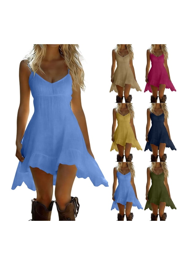 Women Solid Midi Dress V Neck Sleeveless Ruffle Strap Linen Textured Summer Casual Vacation Wear