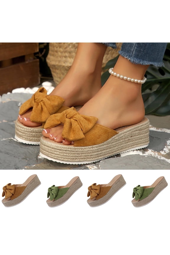Women Solid Open Toe Bowknot Thick Sole Rope Bottom Wedge Slippers Beach Layout for Summer