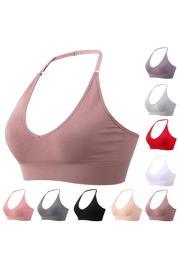 Women Solid Ribbed V Neck Wireless Cami Racerback Lined Coverage Cozy Everyday Bra