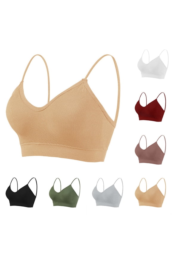 Women Bandeau Bra Solid Ribbed Thin Strap V Neck Strap Tank Wear