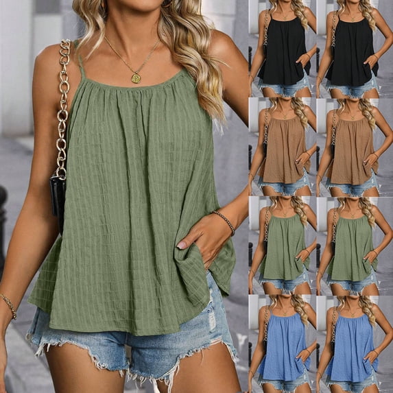 Rvasteizo Tank Tops for Women Casual Solid Ruched Loose Adjustable Strap Sleeveless Exclude Strap Length Light Summer Ladies Camisole Blouse