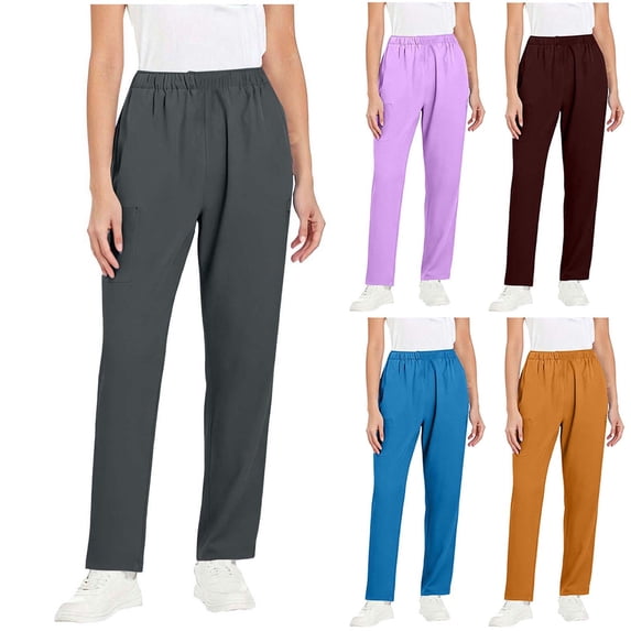 Rvasteizo Womens Pants Solid Straight Elastic Waist Multi Pocket Loose Uniform Care Worker Pants
