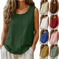 thumbnail image 1 of Rvasteizo Tank Tops for Women Fashion Summer Linen Solid Round Neck Sleeveless Ribbed Ruched Light Ladies Daily Loose Relaxed Camisole Blouse, 1 of 5