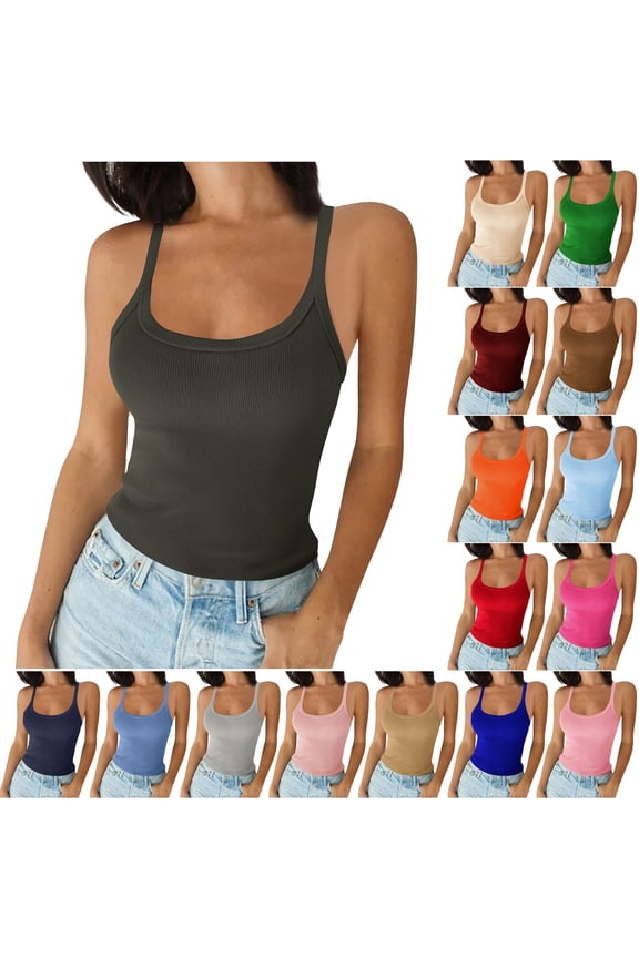 Womens Ribbed Tank Tops Spaghetti Strap Slim Fitted Casual Basic Layer Camisole,M