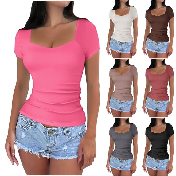 Rvasteizo Shirts for Women Solid Slim Short Sleeve V Neck Breathable Summer Ladies Daily Light Casual Pullover Shirt Top