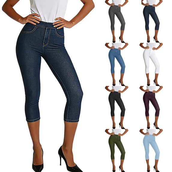 Rvasteizo Women Stretchy Denim Look Leggings Side Pockets Comfortable Styling