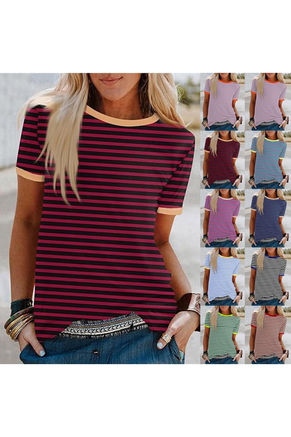 Women Stripe Print Color Crew Neck Short Sleeve Tops Casual Tee for Women