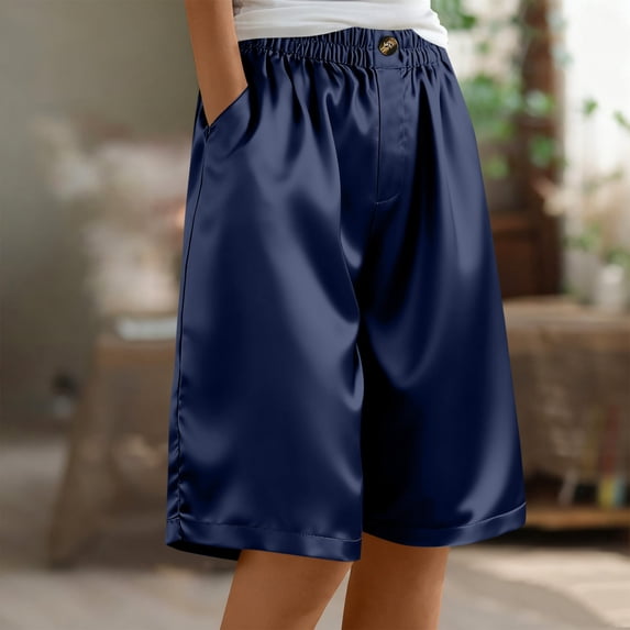 Rvasteizo Shorts for Women Solid Satin Straight Wide Side Pocket Loose Relaxed Half Shorts Casual Summer Pants