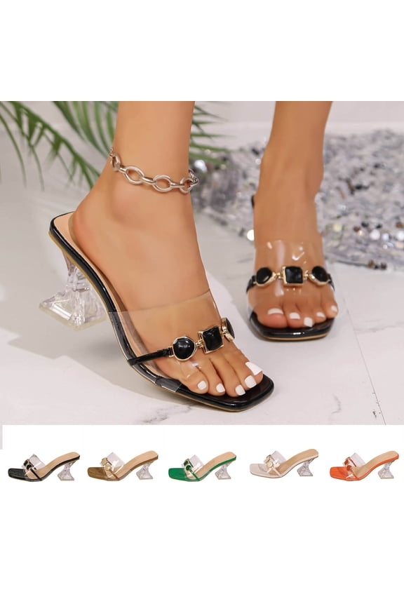 Womens Slippers Transparent Crystal Goblet Mid Heel Wide Size Summer Outdoor Beach Casual Slides