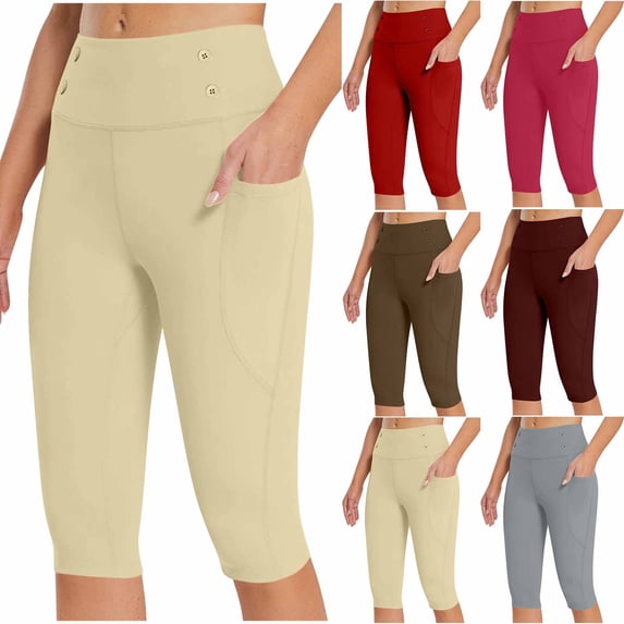 Rvasteizo Womens Yoga Pants Solid High Waist Button Multi Pocket Elastic 7/8th Sports Shorts